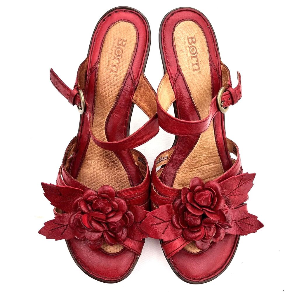 Born Red Leather Floral Rosette Heeled Sandals Women's 10.5 Ankle Strap - Picture 6 of 12